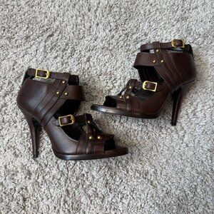 Gucci Womens Brown Studded Heels Leather Gladiator Stiletto Size 6.5